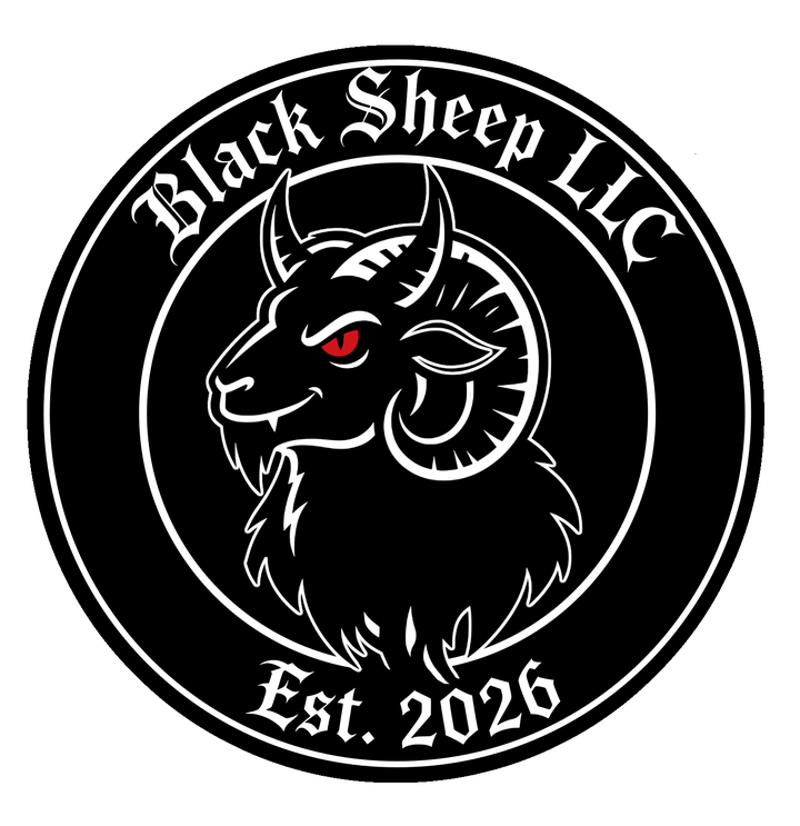 Black Sheep LLC seal: a horned ram's head with a red eye, ringed by the words Black Sheep LLC, Est. 2026.